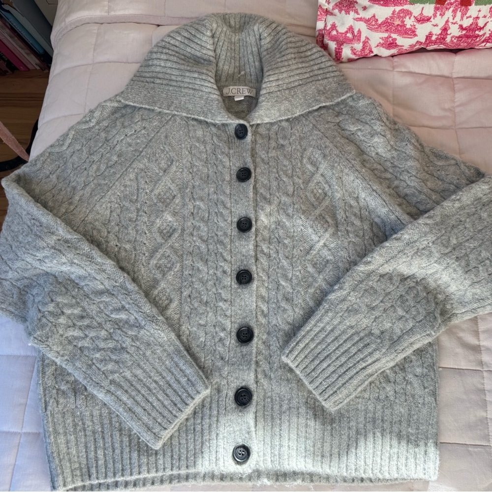 J. Crew Women's Light Gray Collared Cable Knit Cardigan